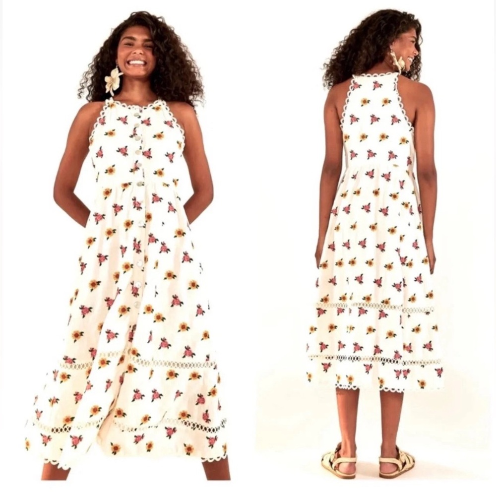 FARM Rio White Midi Dress with Pink and Yellow Floral Print NWT